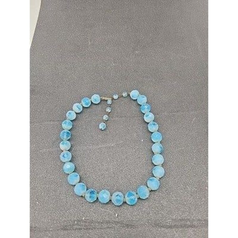 Vtg Blue White Marbled Beaded Necklace Choker Faceted Aqua Goldtone